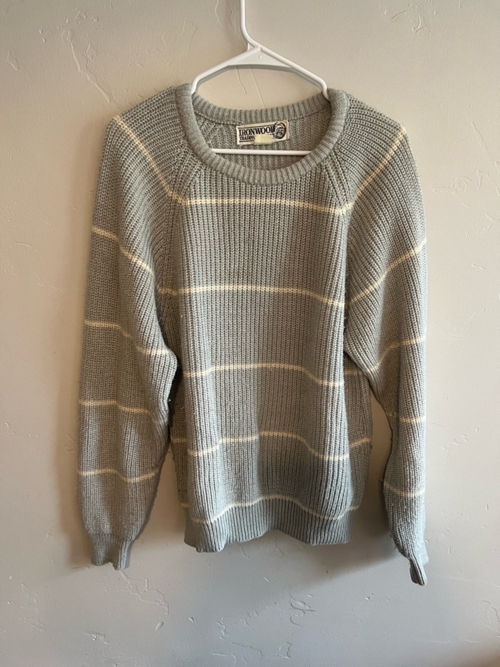 Soft Knit Crewneck Sweater - Light Gray with Cream Stripes